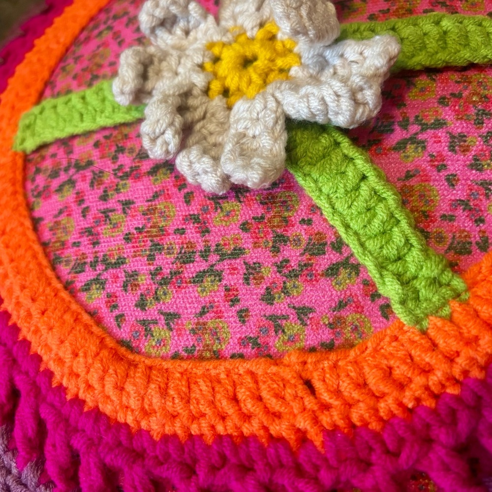 Natural Life Vibrant Colorful Boho Knit Crochet Peace Sign Throw Pillow - Picture 3 of 4